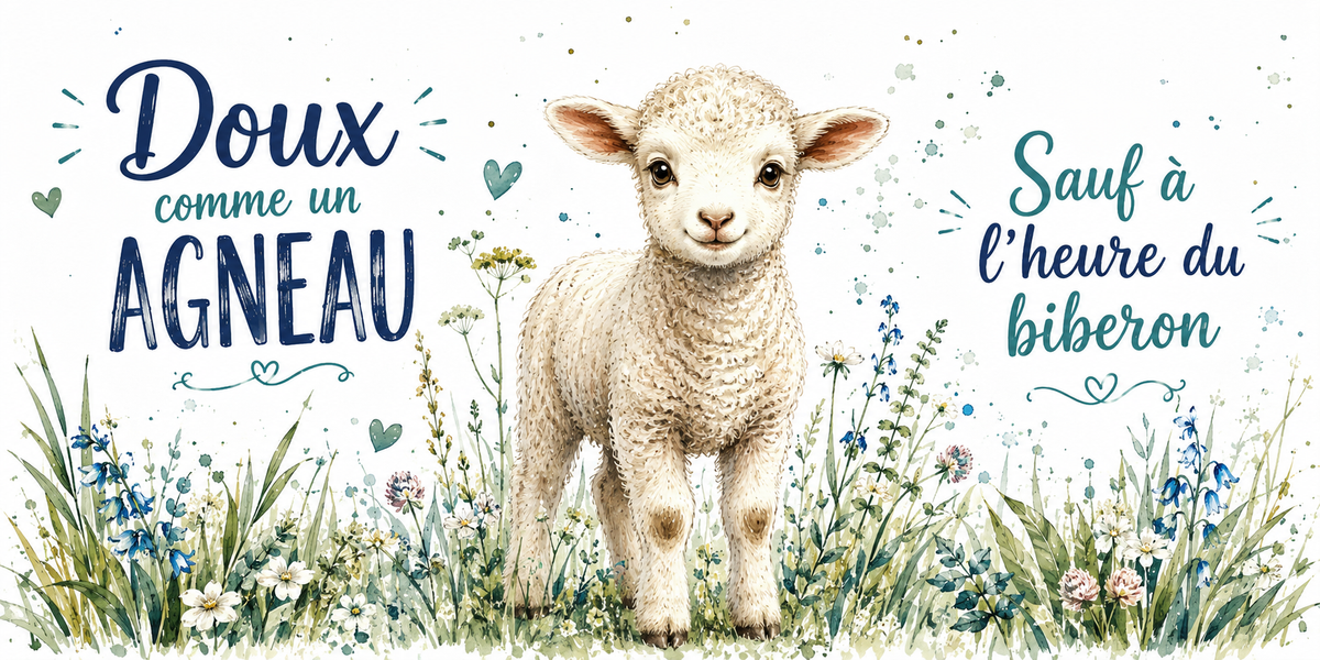 Agneau dans une prairie fleurie à l'aquarelle : « Doux comme un agneau. Sauf à l'heure du biberon »