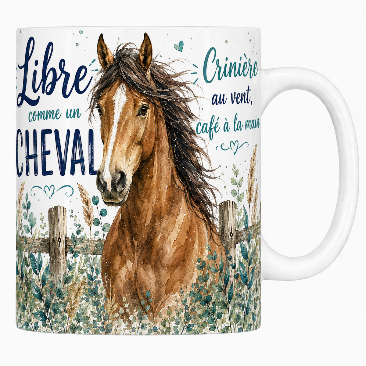 Mug céramique blanc « Libre comme un cheval », cheval bai à la crinière au vent à l'aquarelle
