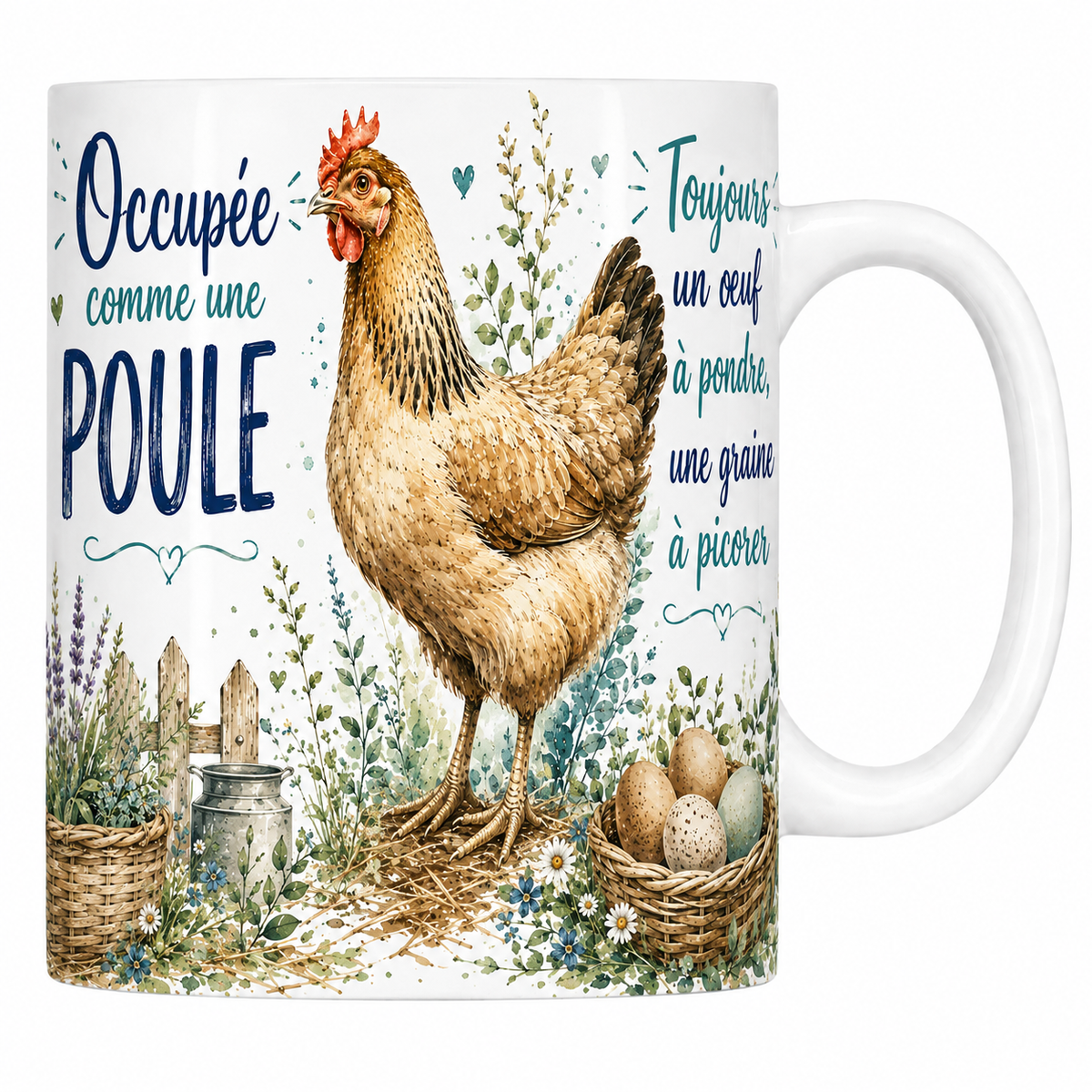 Mug céramique blanc « Occupée comme une poule », poule rousse et panier d'œufs à l'aquarelle