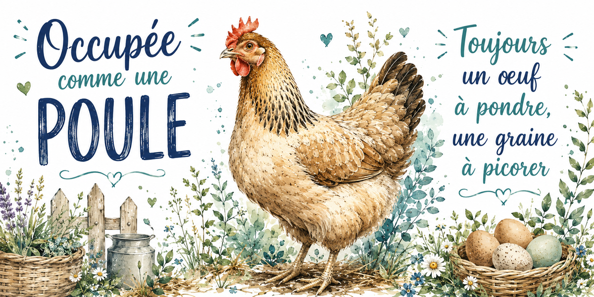 Poule rousse et panier d'œufs à l'aquarelle : « Occupée comme une poule. Toujours un œuf à pondre »