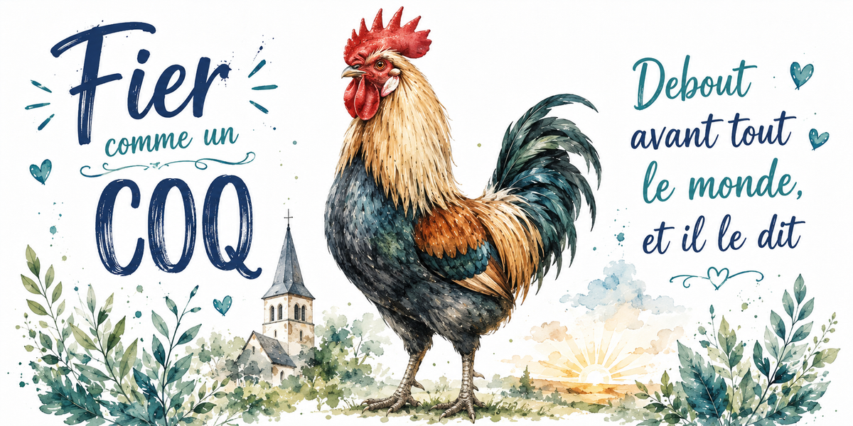 Coq et clocher de village à l'aquarelle : « Fier comme un coq. Debout avant tout le monde, et il le dit »