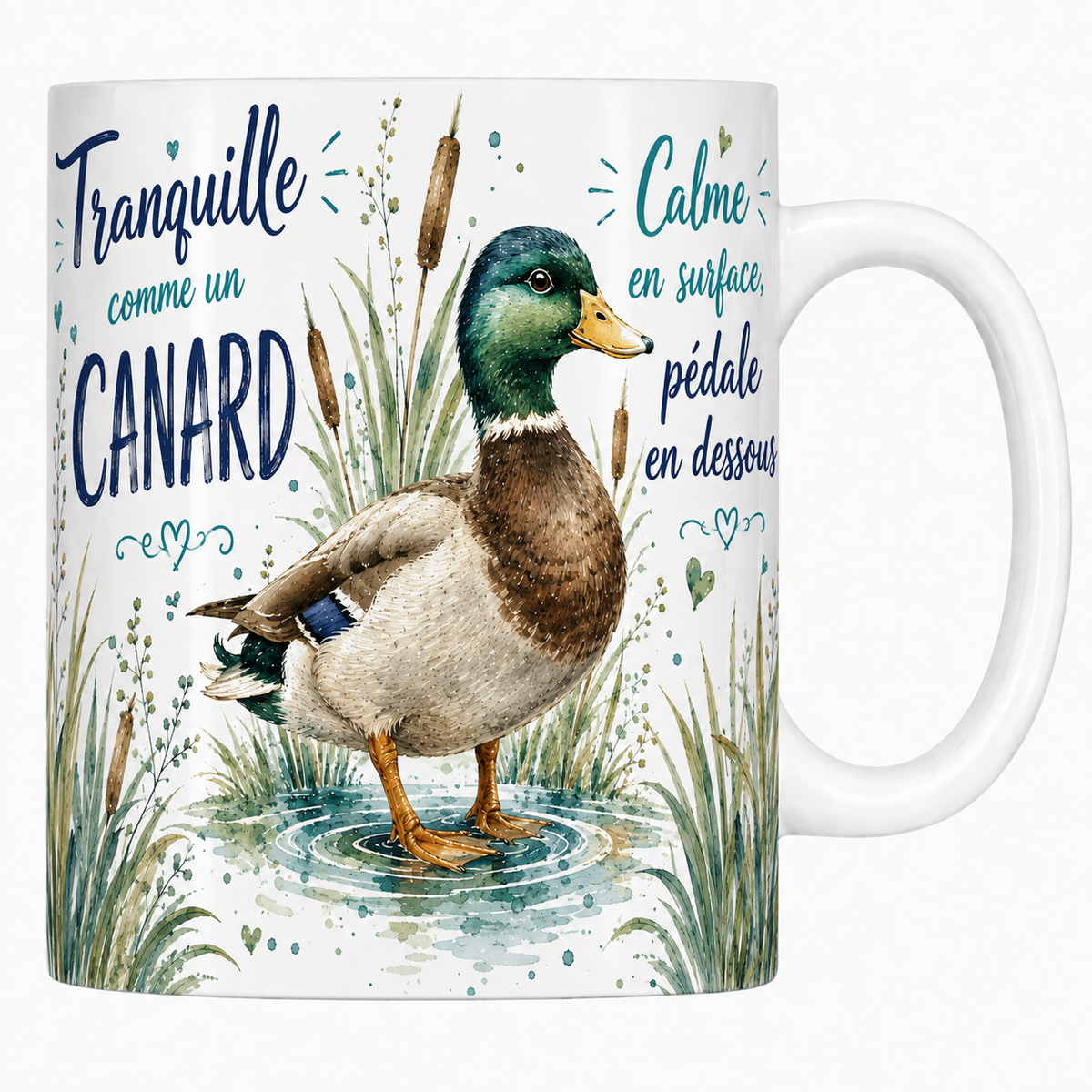 Mug céramique blanc « Tranquille comme un canard », colvert sur une eau lisse à l'aquarelle