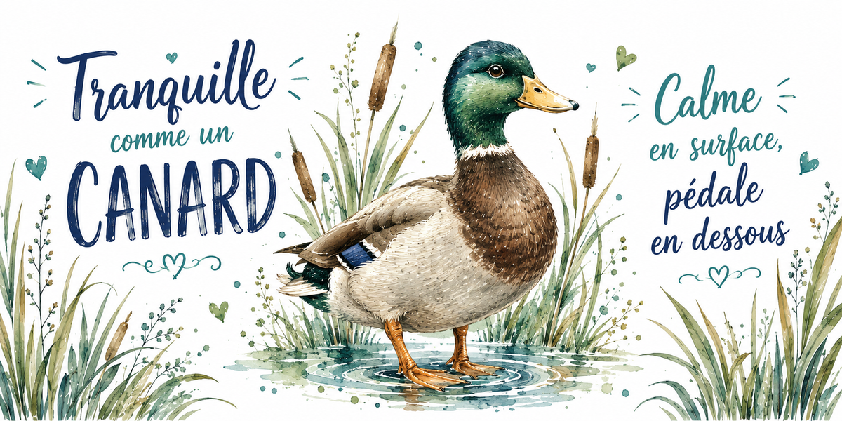 Colvert sur une eau lisse à l'aquarelle : « Tranquille comme un canard. Calme en surface, pédale en dessous »