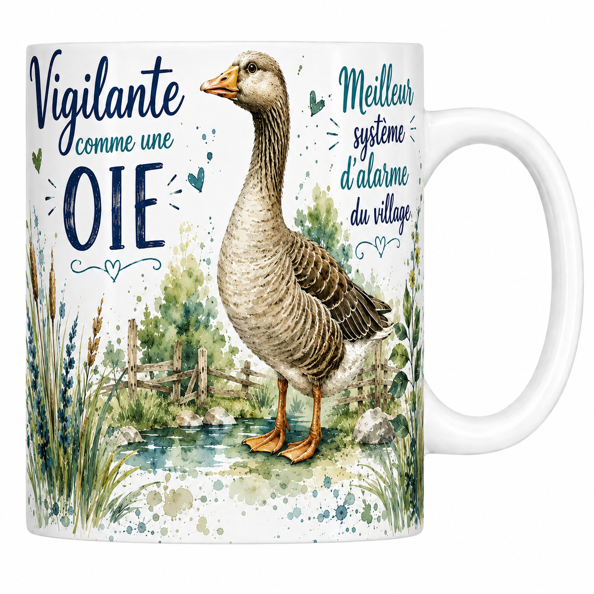 Mug céramique blanc « Vigilante comme une oie », oie grise au bord de la mare à l'aquarelle
