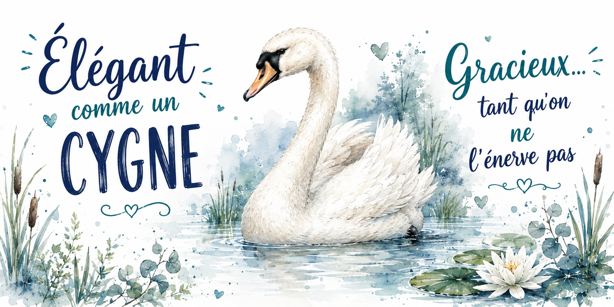 Cygne blanc au cou recourbé à l'aquarelle : « Élégant comme un cygne. Gracieux tant qu'on ne l'énerve pas »