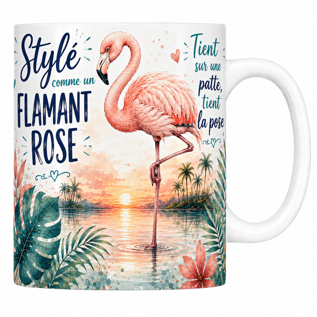 Mug céramique blanc « Stylé comme un flamant rose », flamant en équilibre au coucher de soleil