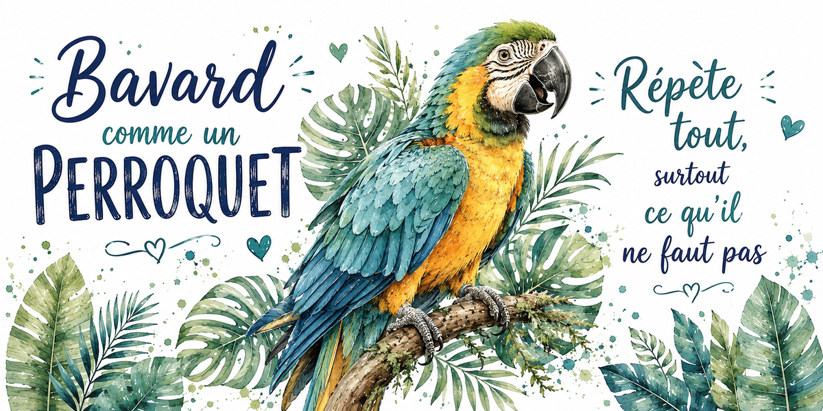 Ara bleu et jaune sur sa branche à l'aquarelle : « Bavard. Répète tout, surtout ce qu'il ne faut pas »