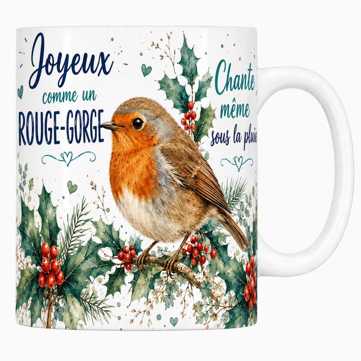 Mug céramique blanc « Joyeux comme un rouge-gorge », rouge-gorge et houx givré à l'aquarelle