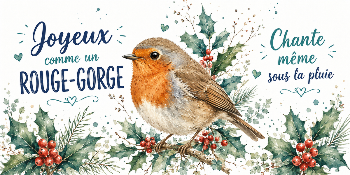 Rouge-gorge sur une branche de houx à l'aquarelle : « Joyeux comme un rouge-gorge. Chante sous la pluie »