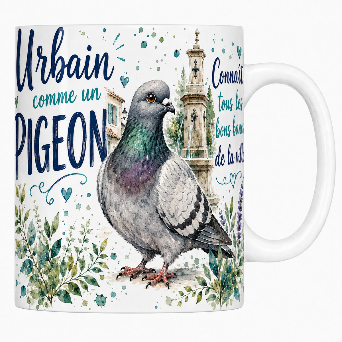 Mug céramique blanc « Urbain comme un pigeon », pigeon au cou irisé et fontaine à l'aquarelle