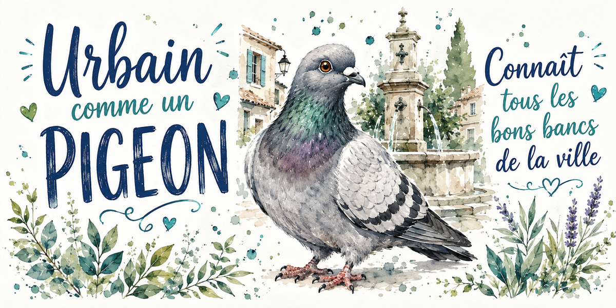 Pigeon devant une fontaine de pierre à l'aquarelle : « Urbain. Connaît tous les bons bancs de la ville »