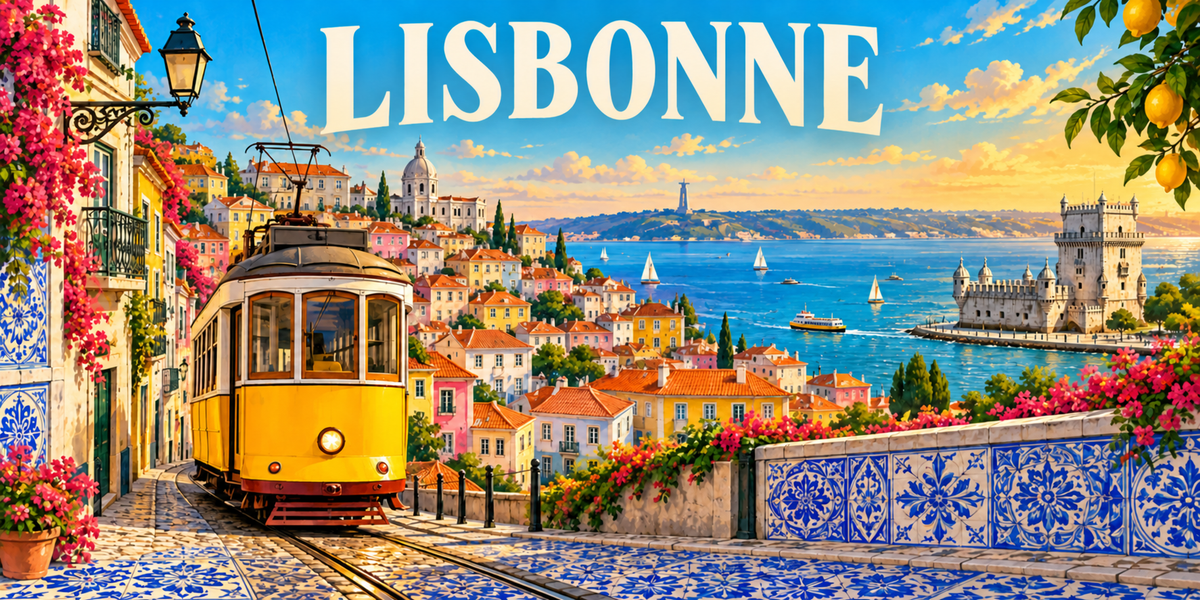 Panorama de Lisbonne : le nom LISBONNE en capitales blanches, une ruelle fleurie et un réverbère à gauche, un tramway jaune en descente, des toits de tuiles orange et l'estuaire au centre, une tour de pierre au bord de l'eau à droite, un muret d'azulejos bleus et blancs au premier plan