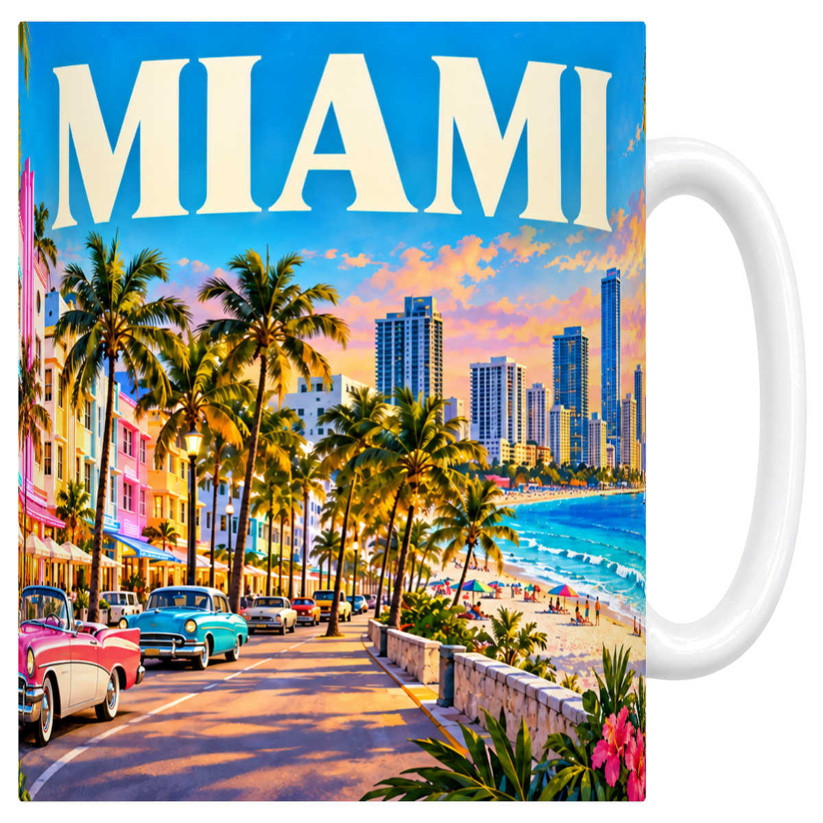 Mug blanc en céramique 330 ml illustré d'un panorama de Miami, Art déco et plage