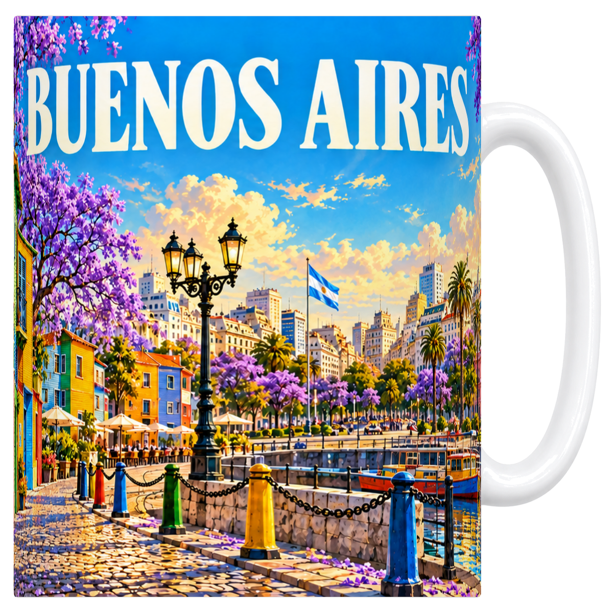 Mug blanc en céramique 330 ml illustré d'un panorama de Buenos Aires aux façades colorées