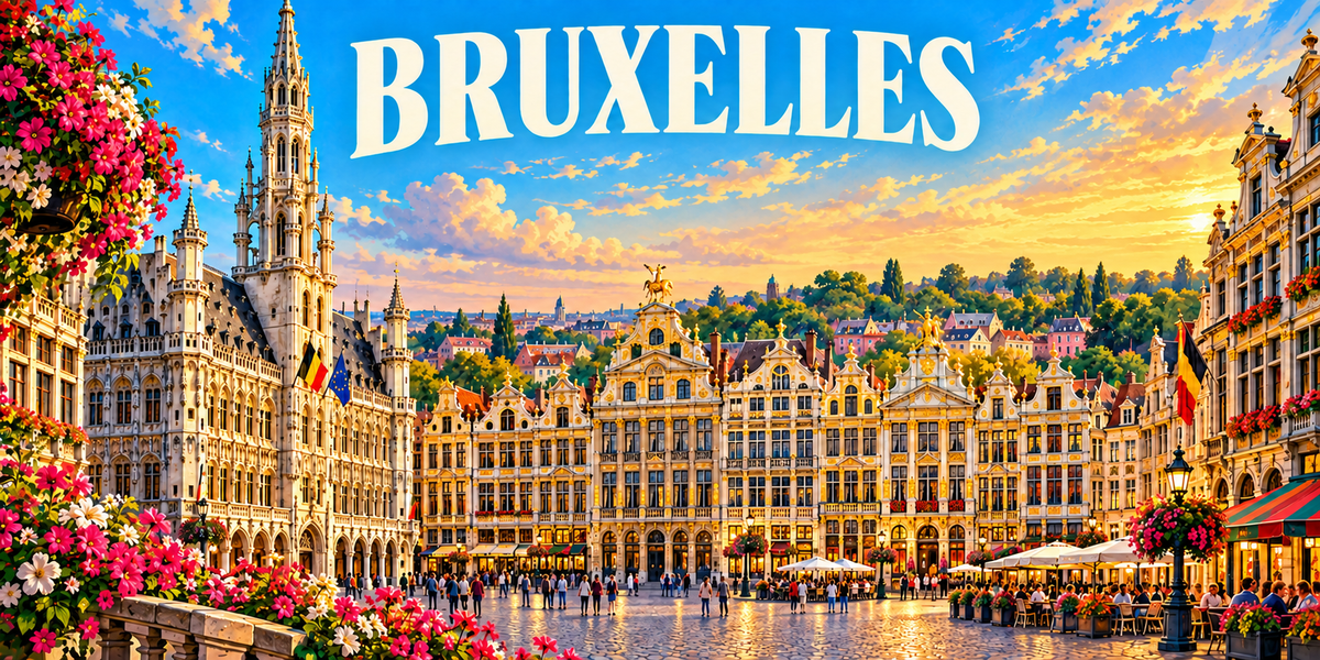 Panorama de Bruxelles : le nom BRUXELLES en capitales blanches, un hôtel de ville gothique à haute flèche à gauche, une place pavée bordée de maisons de corporations aux pignons dorés au centre, des terrasses, des drapeaux belges et des fleurs roses au premier plan