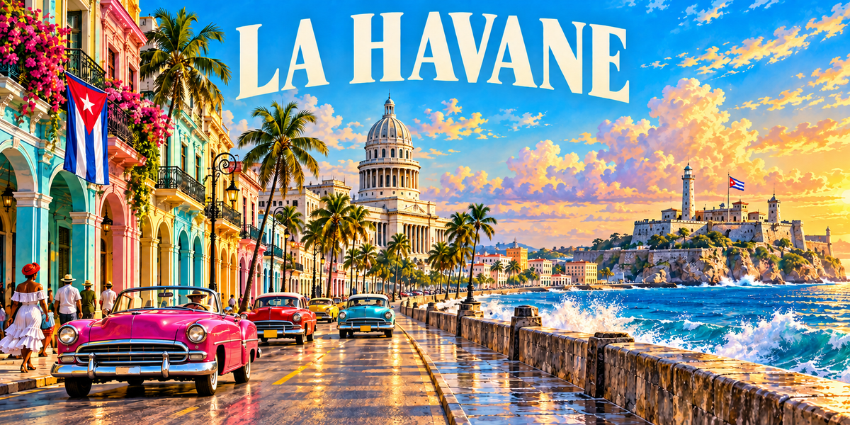 Panorama de La Havane : le nom LA HAVANE en capitales blanches, des façades pastel et un drapeau cubain à gauche, des voitures américaines vintage sur l'avenue du bord de mer, un édifice à coupole blanche et des palmiers au centre, une digue battue par les vagues et un fort à phare à droite