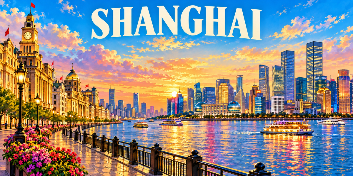 Affiche de Shanghai : le nom en grandes capitales blanches, la promenade du Bund, ses réverbères et ses façades coloniales à tour-horloge à gauche, le fleuve et ses bateaux illuminés, la ligne de gratte-ciel de la rive opposée au coucher du soleil et des massifs fleuris au premier plan