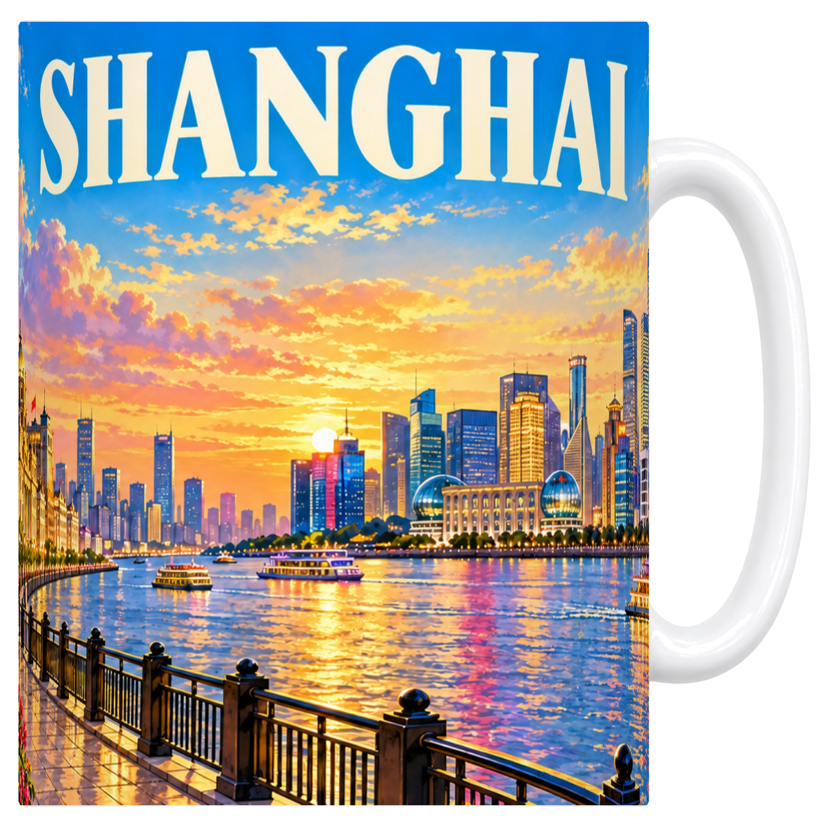 Mug blanc en céramique 330 ml illustré d'une affiche de Shanghai