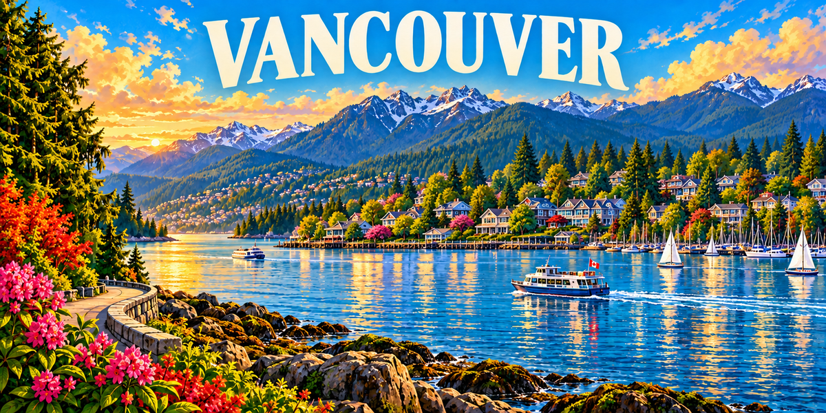 Affiche de Vancouver : le nom en grandes capitales claires, une promenade en bord de mer bordee de rochers et de fleurs, la baie et ses voiliers, un bateau de promenade, les maisons sur la rive boisee, et les montagnes enneigees au soleil couchant