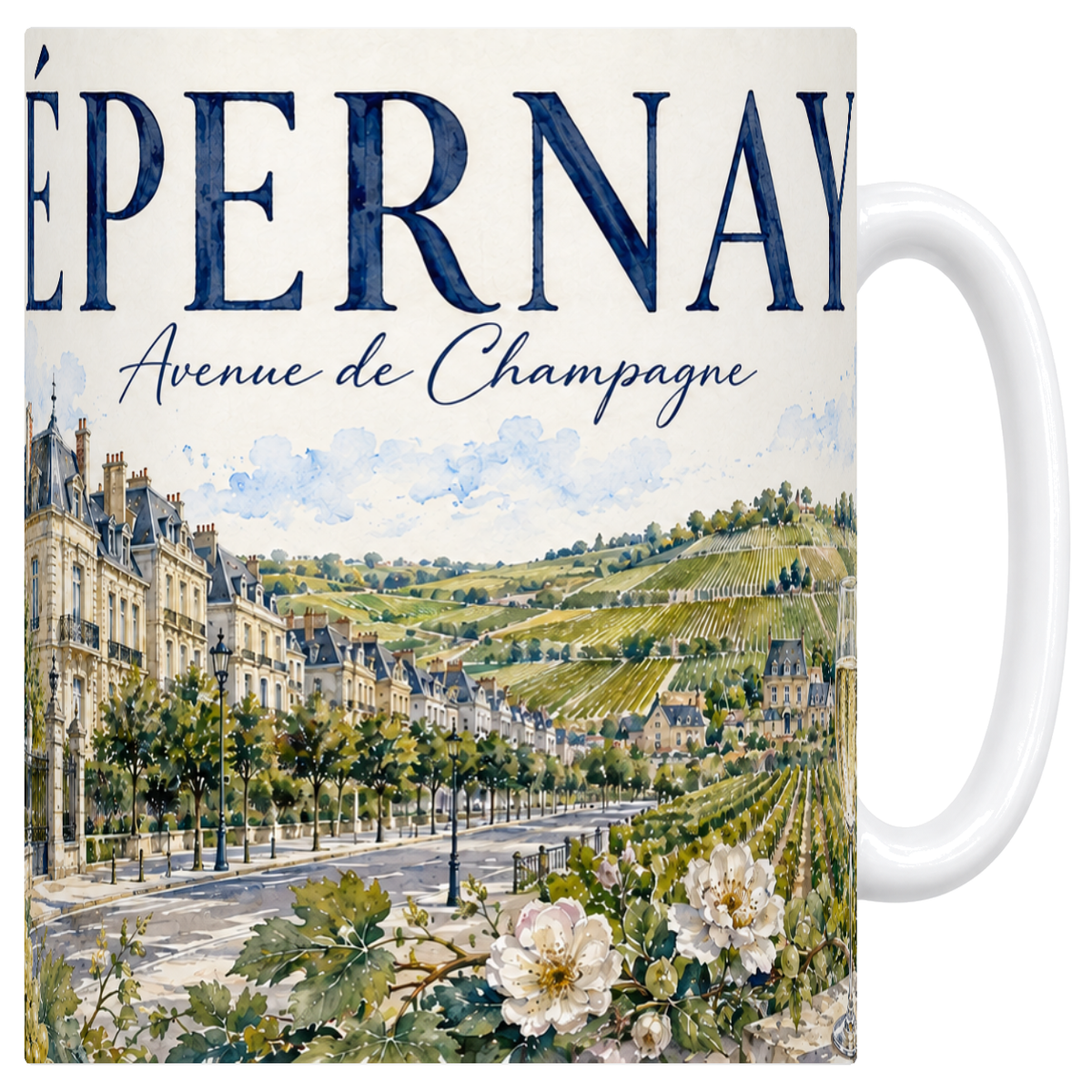Mug blanc en céramique 330 ml illustré d'une aquarelle d'Épernay