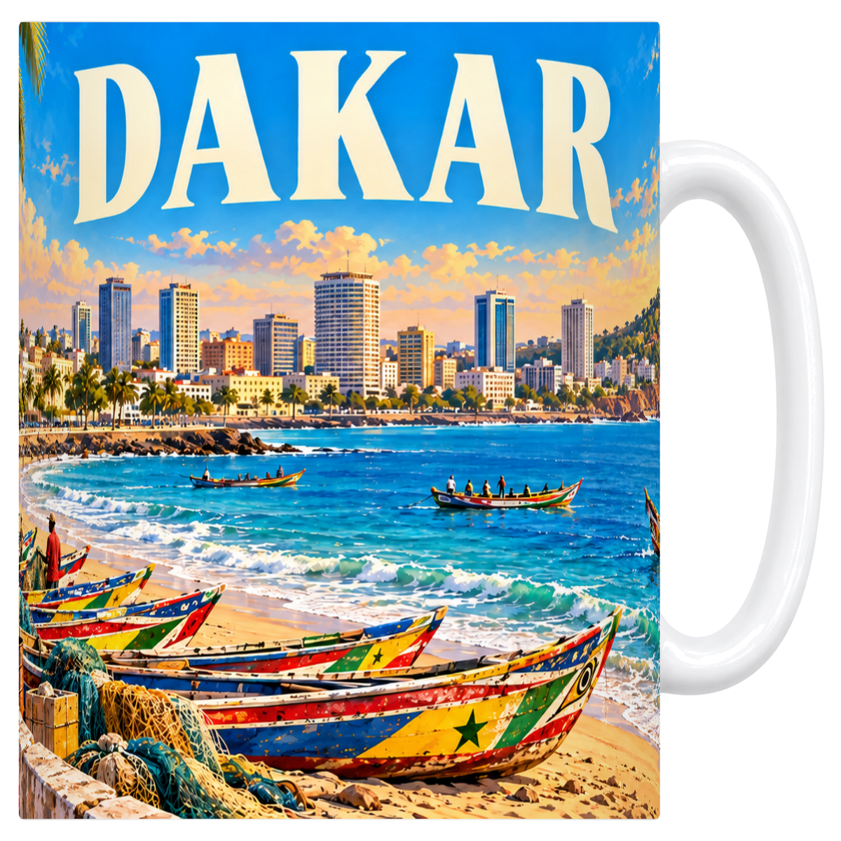 Mug blanc en céramique 330 ml illustré d'un panorama de Dakar et de ses pirogues