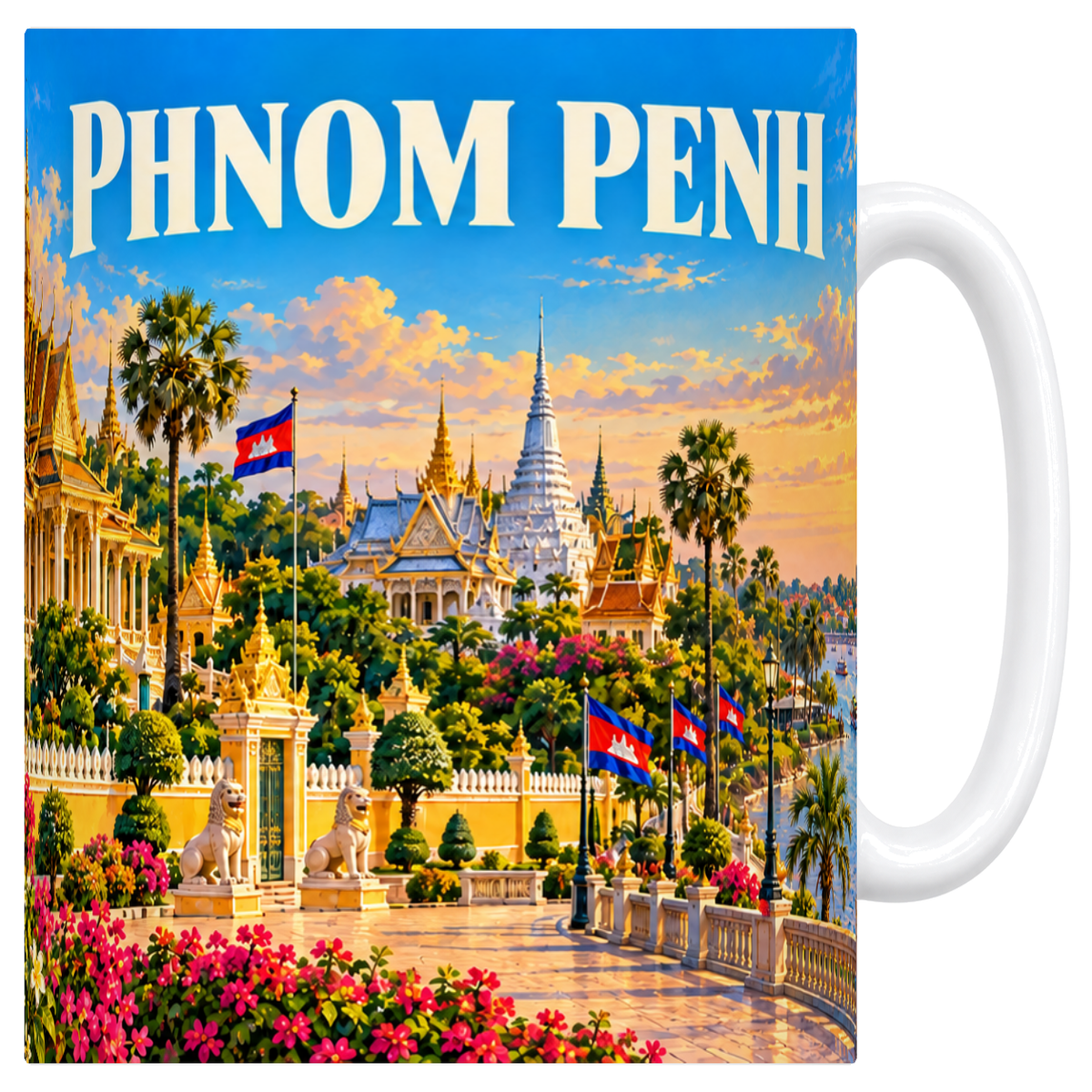 Mug blanc en ceramique 330 ml illustre d'une affiche de Phnom Penh