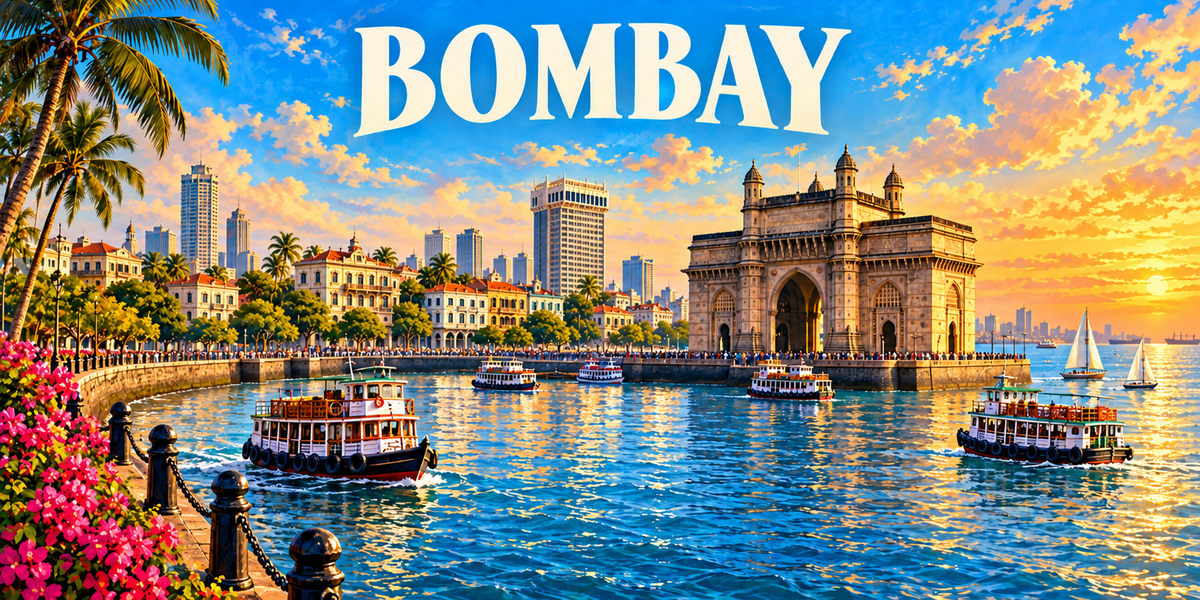 Panorama de Bombay : le nom BOMBAY en capitales blanches, des palmiers et des bougainvilliers à gauche, une promenade bordée d'immeubles anciens, un grand arc de pierre à coupoles au bord de l'eau au centre, des bateaux de promenade, des gratte-ciel et des voiliers à droite