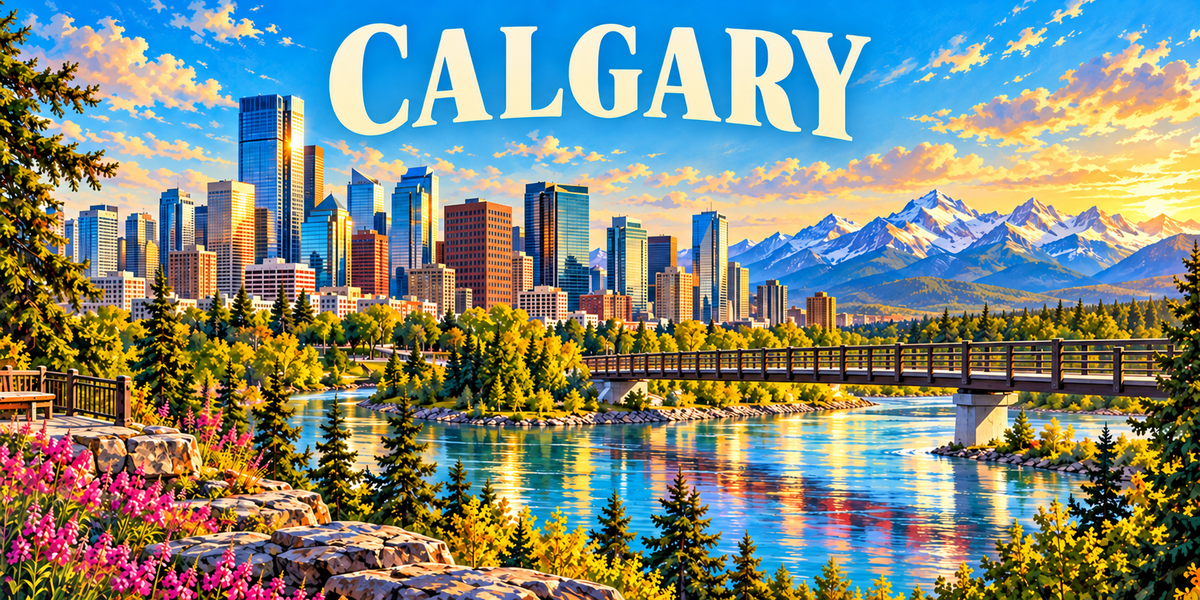 Panorama de Calgary : le nom CALGARY en capitales blanches, un parc de conifères et un banc à gauche, une ligne de gratte-ciel au bord de la rivière au centre, une passerelle en bois, des montagnes enneigées à l'horizon et des fleurs roses au premier plan