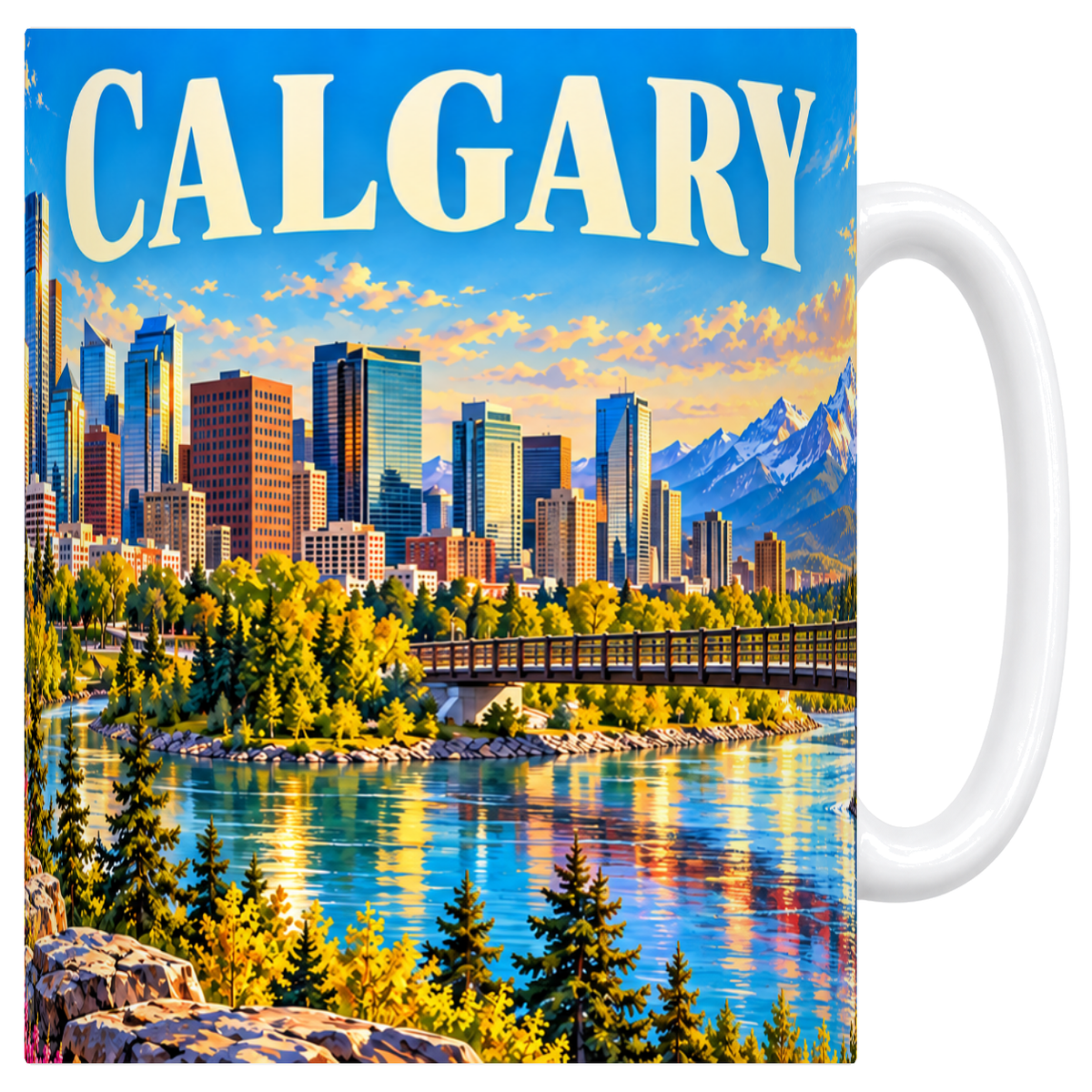 Mug blanc en céramique 330 ml illustré d'un panorama de Calgary devant les Rocheuses