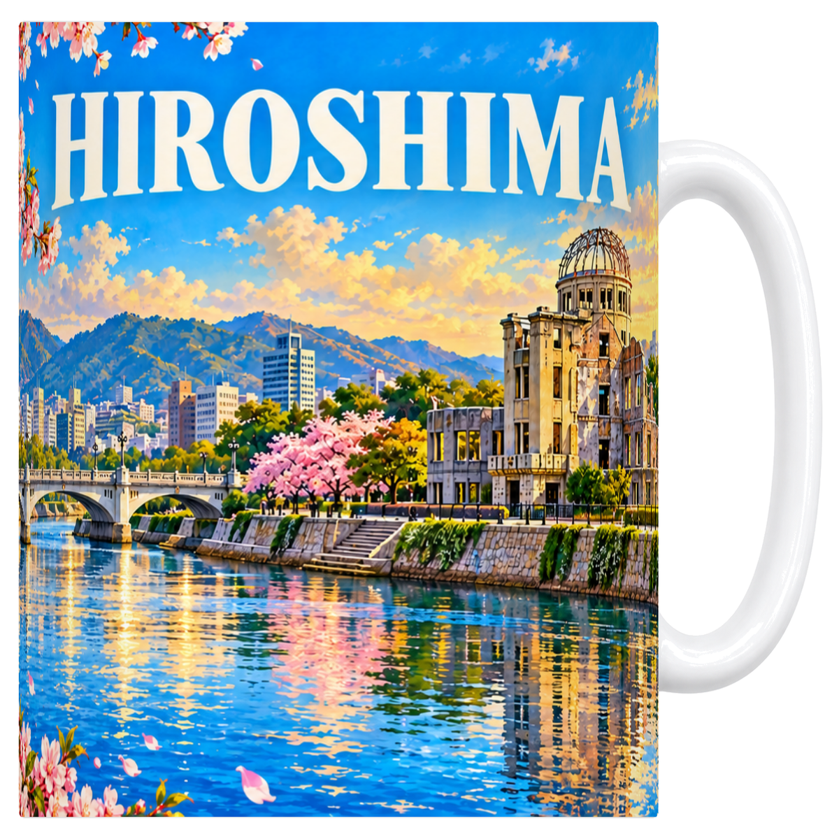 Mug blanc en céramique 330 ml illustré d'un panorama d'Hiroshima sous les cerisiers