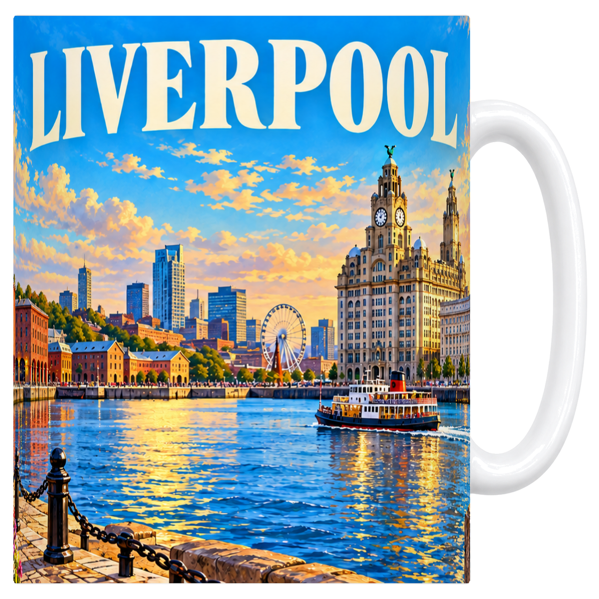 Mug blanc en céramique 330 ml illustré d'un panorama de Liverpool sur les docks