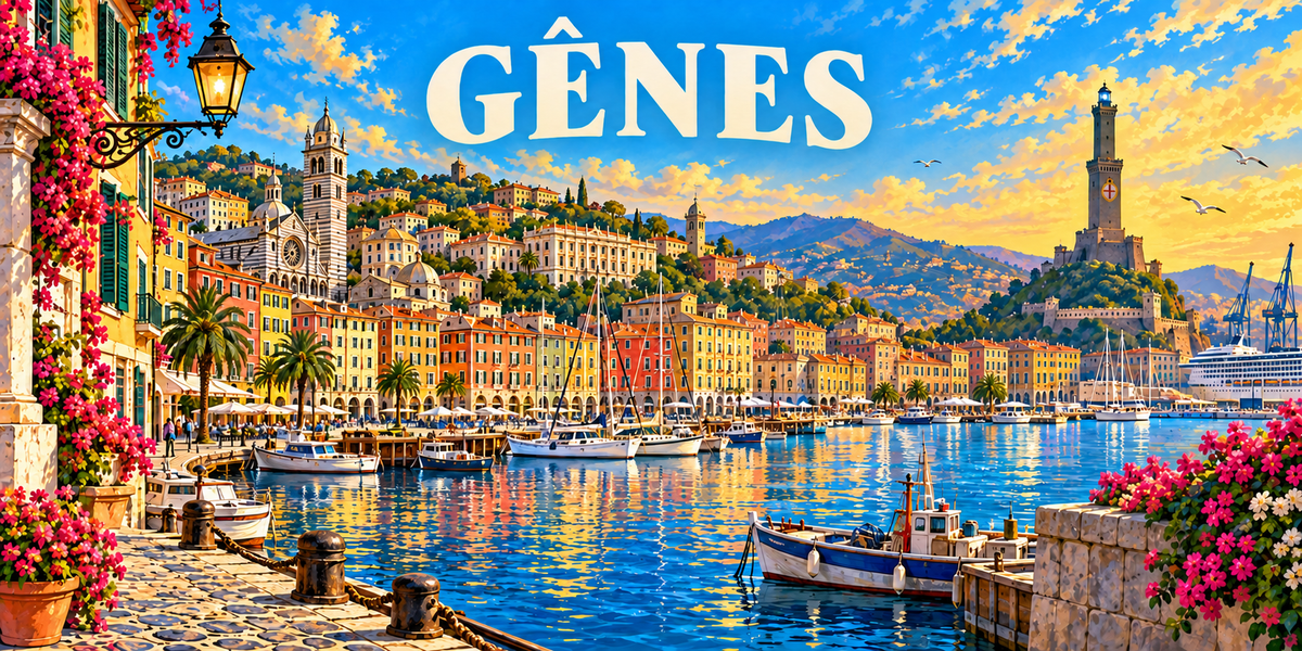 Panorama de Gênes : le nom GÊNES en capitales blanches, des façades colorées et un réverbère à gauche, un port bordé de maisons hautes et d'une église à bandes de pierre, des voiliers et des barques au centre, un phare de pierre sur un promontoire et des grûes à droite
