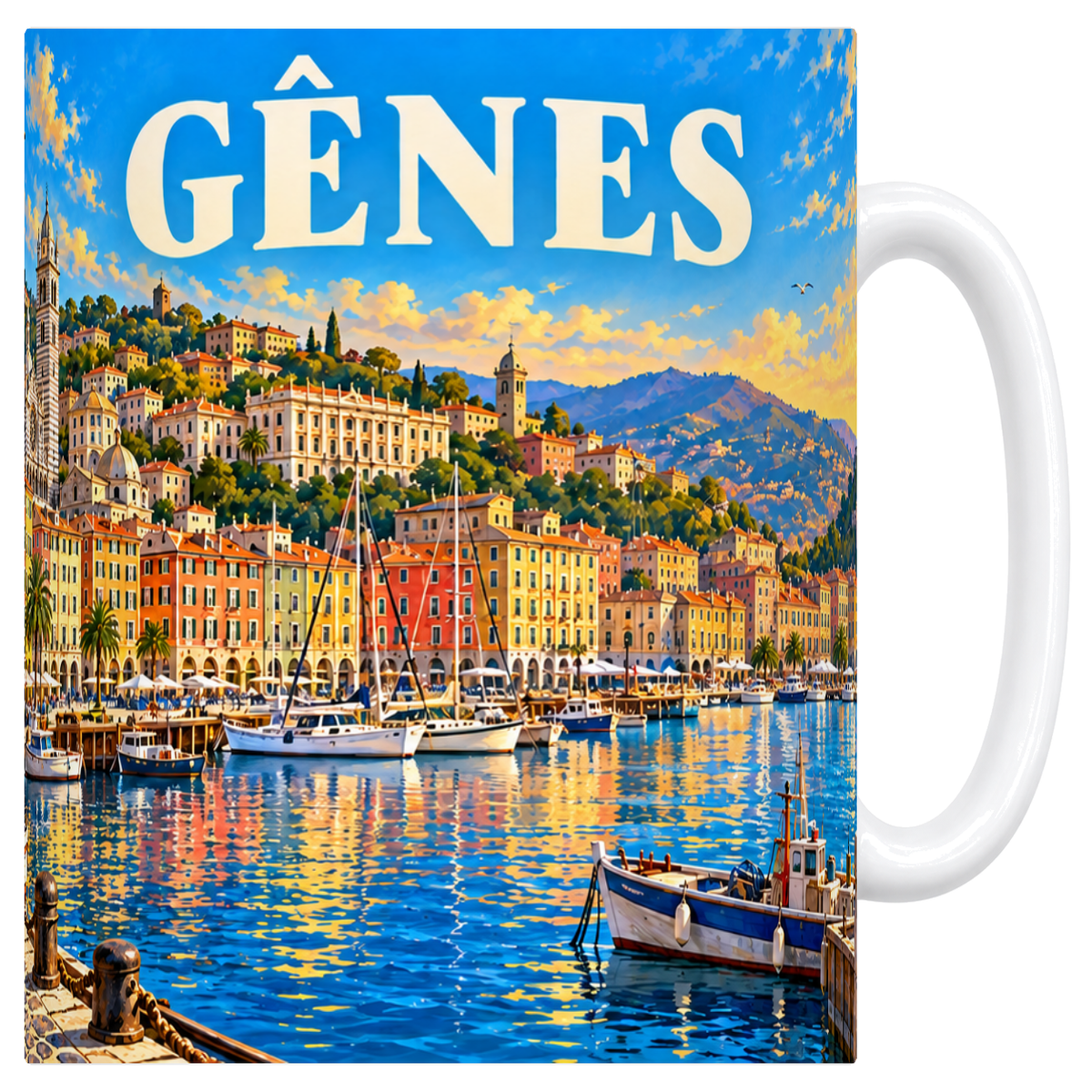 Mug blanc en céramique 330 ml illustré d'un panorama de Gênes sur le vieux port