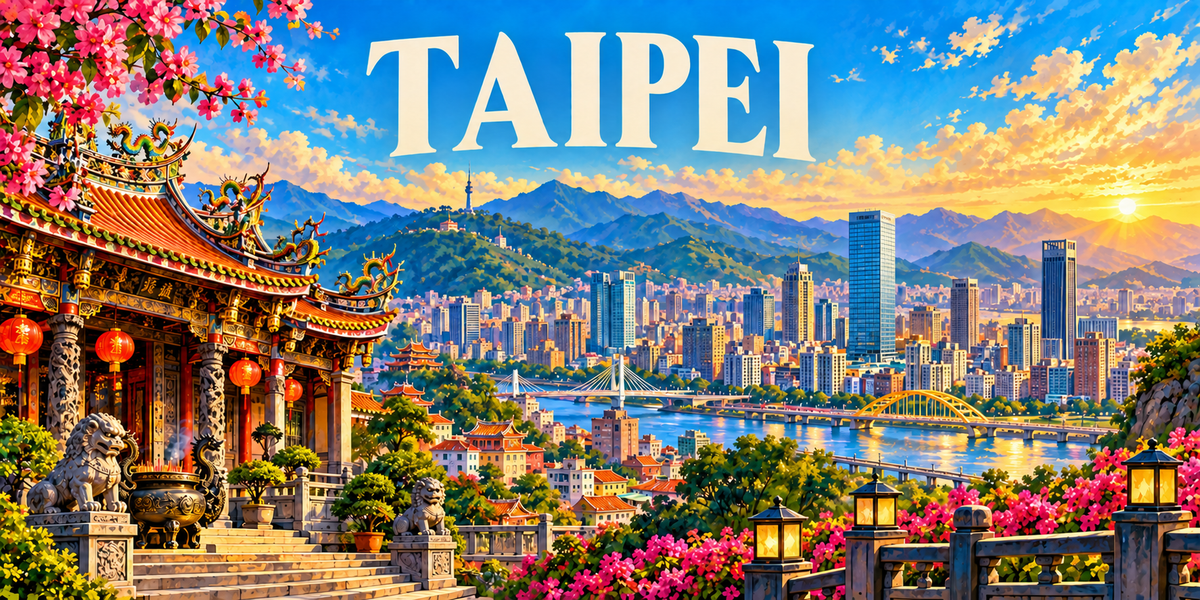 Affiche de Taipei : le nom en grandes capitales blanches, un temple aux toitures ornées, ses lanternes rouges et ses lions de pierre à gauche, la ville et ses immeubles au centre, la rivière et ses ponts, les montagnes au coucher du soleil, une balustrade de pierre et des bougainvilliers au premier plan