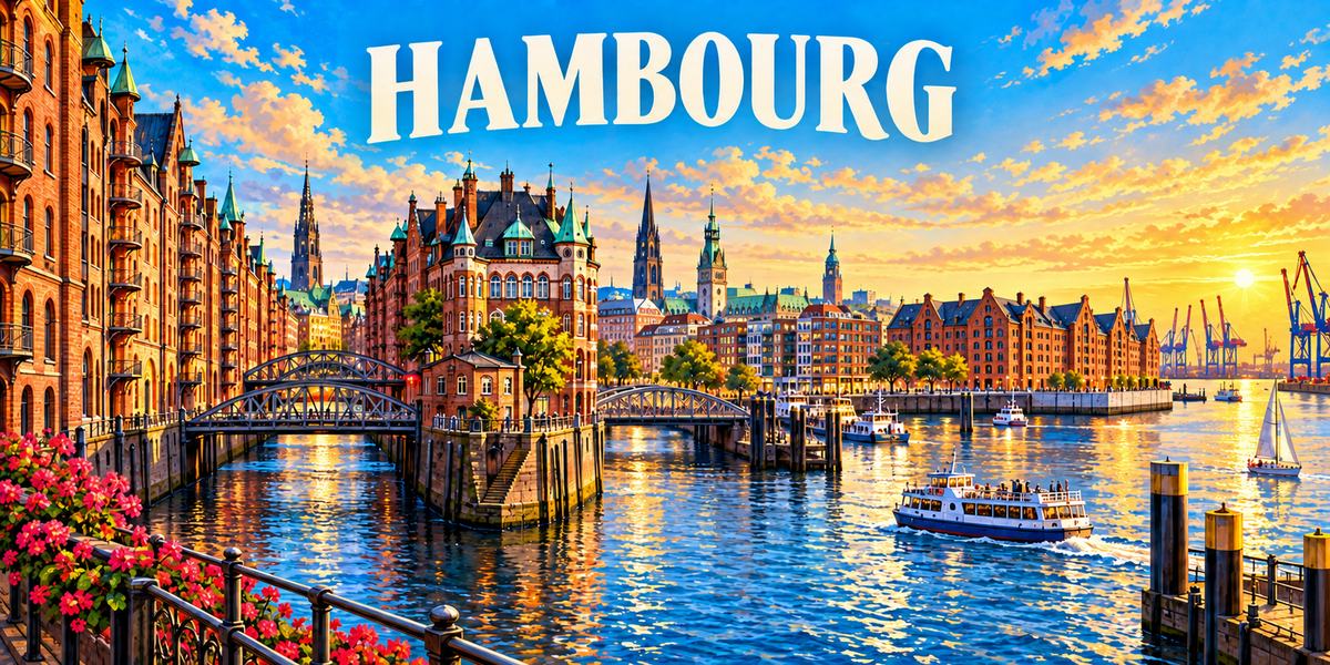 Panorama de Hambourg : le nom HAMBOURG en capitales blanches, des entrepôts de brique rouge à pignons et un clocher vert à gauche, des ponts métalliques enjambant les canaux, un bassin portuaire au centre, des bateaux de promenade, des grûes et un voilier à droite