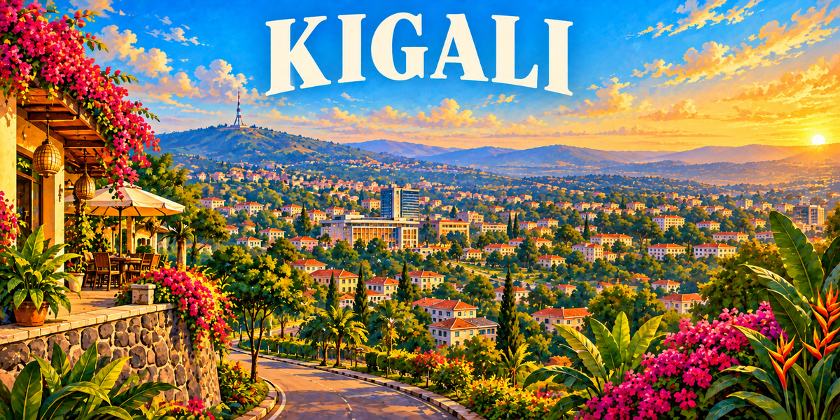 Panorama de Kigali : le nom KIGALI en capitales blanches, une terrasse à parasols et bougainvilliers à gauche, une route en lacets, des immeubles étagés sur les collines au centre, des vallons verts à perte de vue et un feuillage tropical fleuri à droite