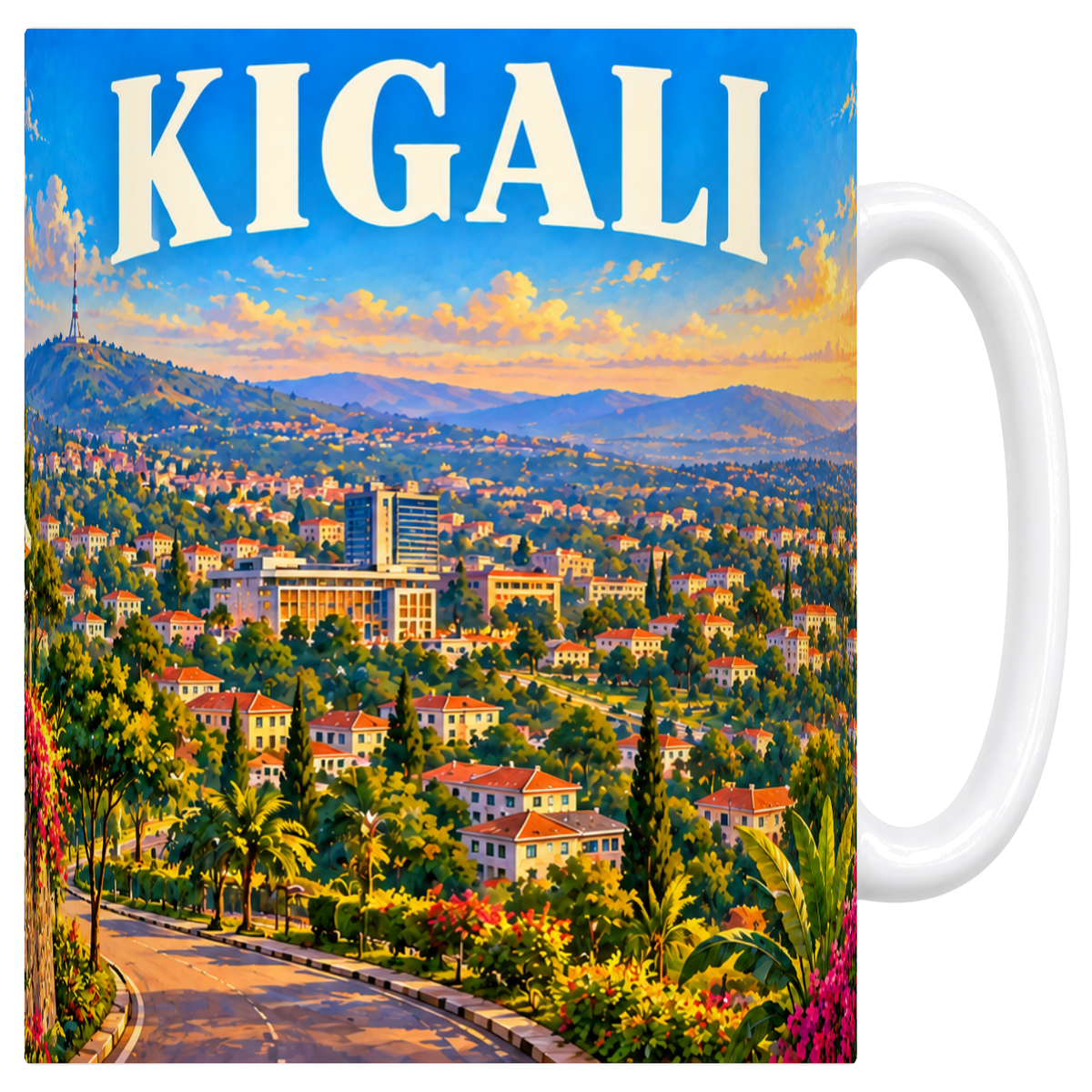 Mug blanc en céramique 330 ml illustré d'un panorama de Kigali sur les collines