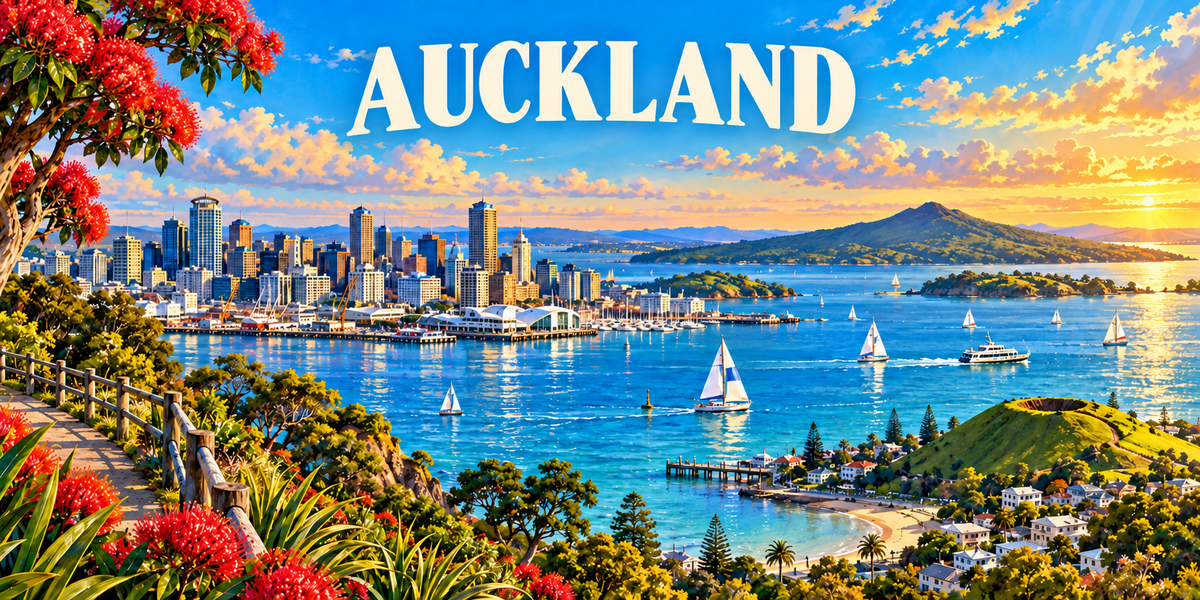 Panorama d'Auckland : le nom AUCKLAND en capitales blanches, un arbre à fleurs rouges à gauche, une ligne de gratte-ciel au bord du port au centre, des voiliers sur une baie bleue, une île volcanique boisée et une colline verte à droite