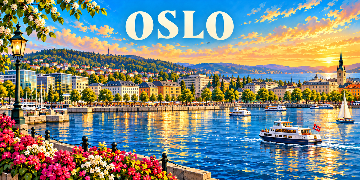 Affiche d'Oslo : le nom en grandes capitales blanches, un réverbère et des massifs fleuris à gauche, le front de mer et ses quais plantés d'arbres, les collines boisées et leurs maisons, un bâtiment à clocher à droite, le fjord au soleil couchant avec des bateaux de promenade et un voilier
