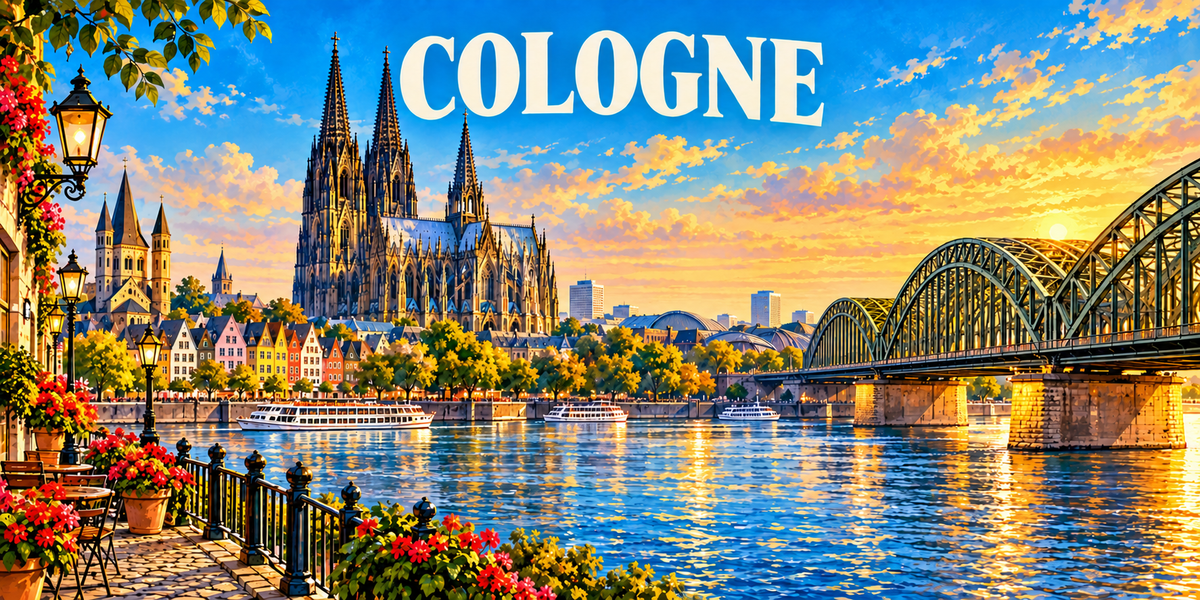 Panorama de Cologne : le nom COLOGNE en capitales blanches, une terrasse fleurie et un réverbère à gauche, une cathédrale gothique à deux flèches et des maisons colorées au centre, un pont métallique en arc vert, des bateaux de promenade sur le fleuve à droite