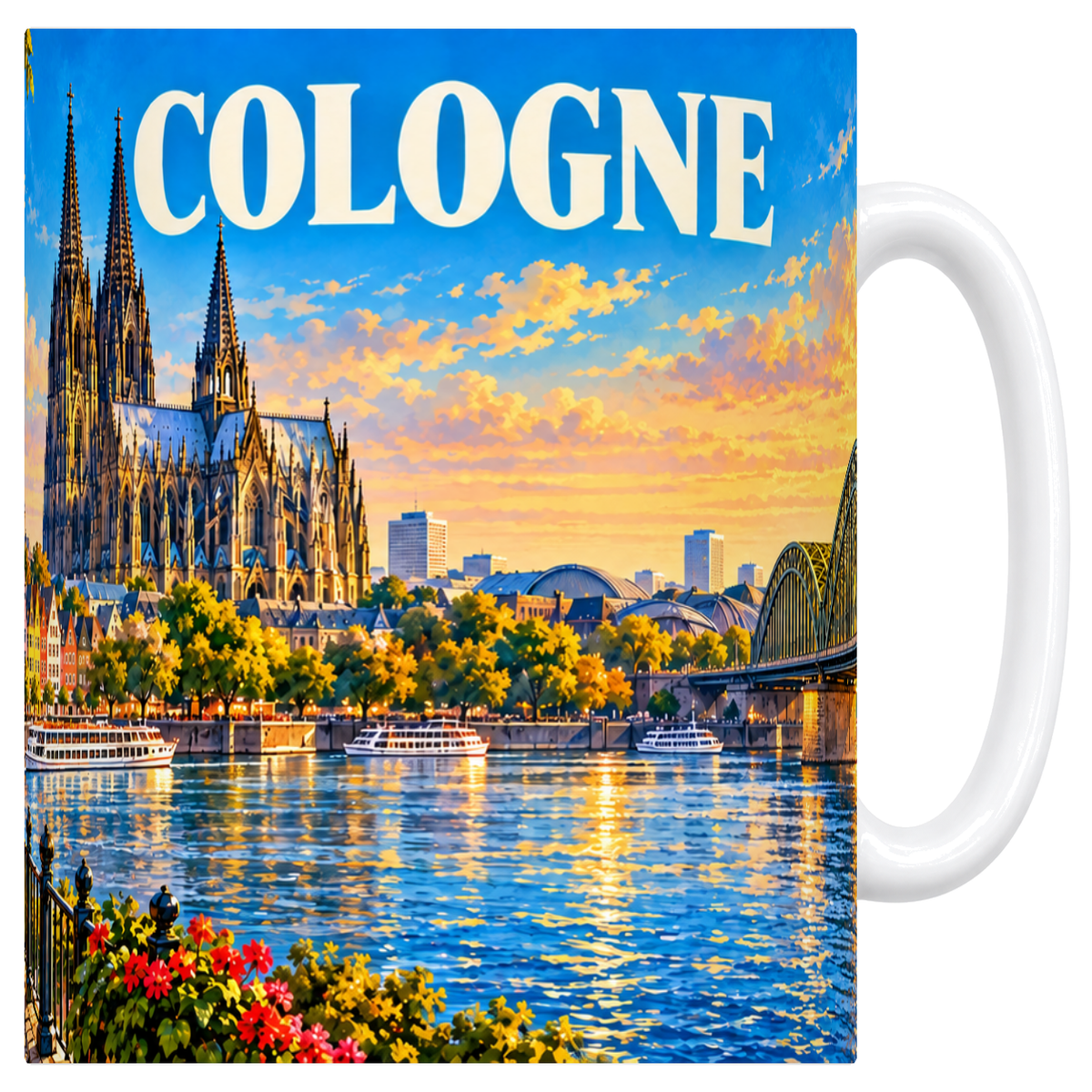 Mug blanc en céramique 330 ml illustré d'un panorama de Cologne sur le Rhin
