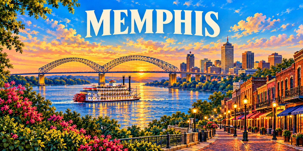 Panorama de Memphis : le nom MEMPHIS en capitales blanches, un pont métallique en arcs à gauche, un vapeur à roue rouge sur le fleuve, une ligne de gratte-ciel au coucher du soleil au centre, une rue de brique à auvents et réverbères à droite