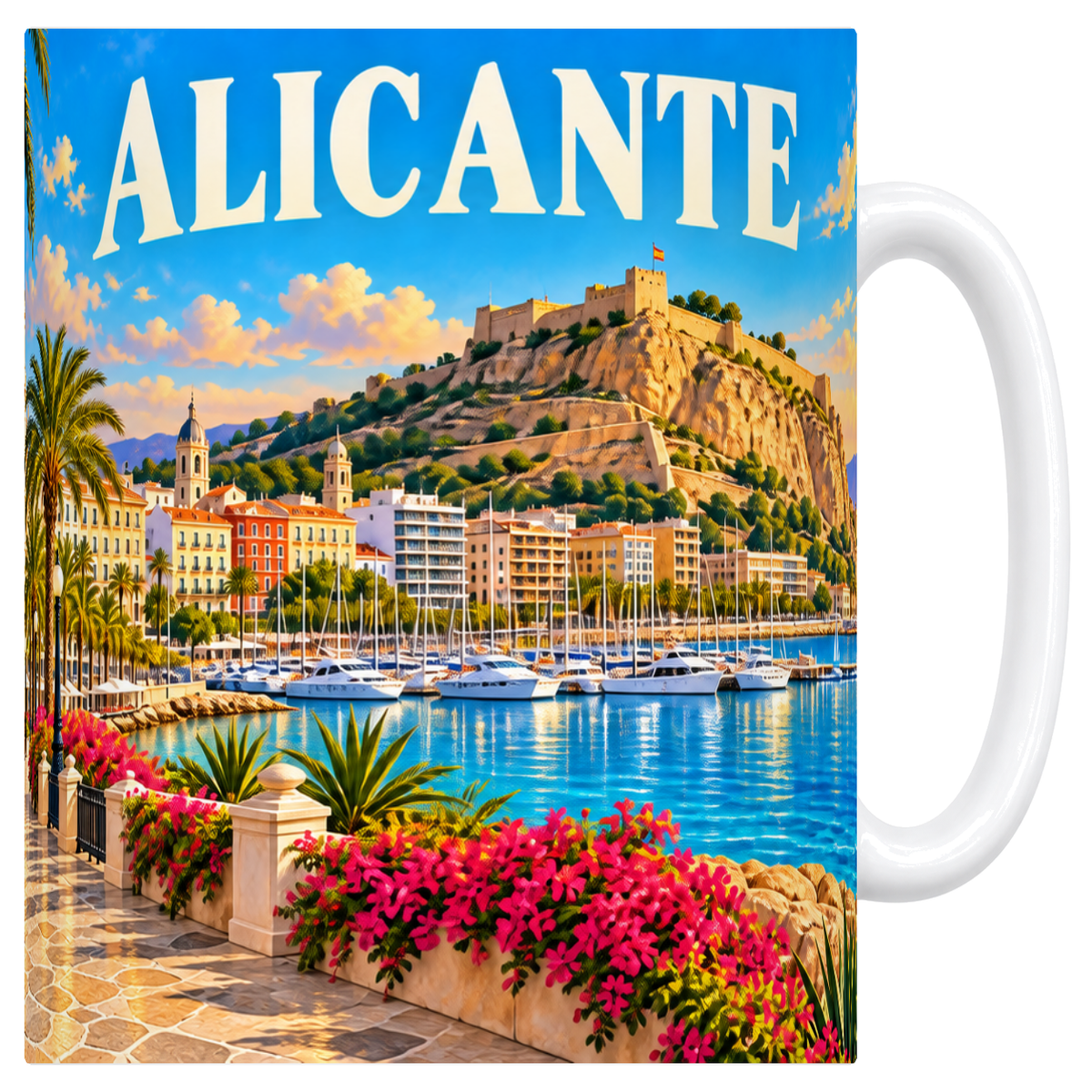 Mug blanc en céramique 330 ml illustré d'un panorama d'Alicante sur la Méditerranée