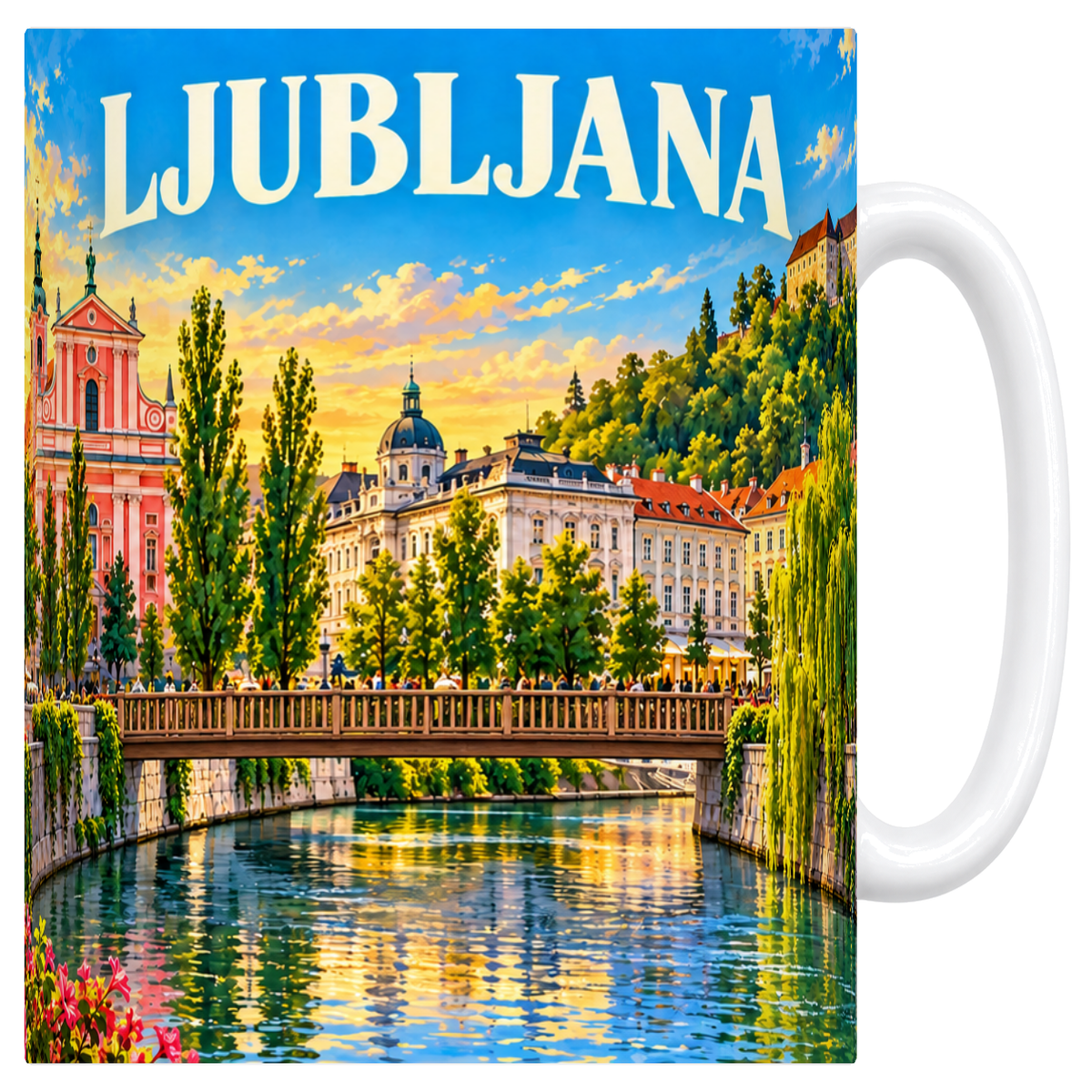 Mug blanc en céramique 330 ml illustré d'une affiche colorée de Ljubljana