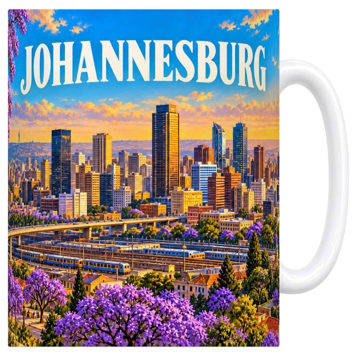 Mug blanc en céramique 330 ml illustré d'un panorama de Johannesburg sous les jacarandas
