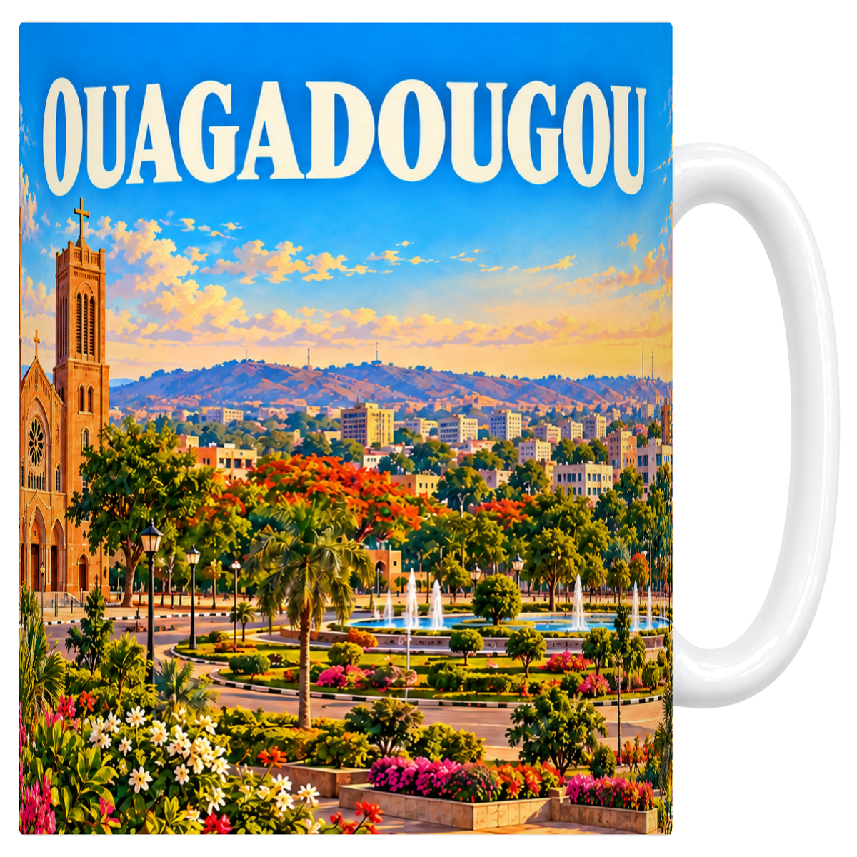 Mug blanc en céramique 330 ml illustré d'une affiche de Ouagadougou