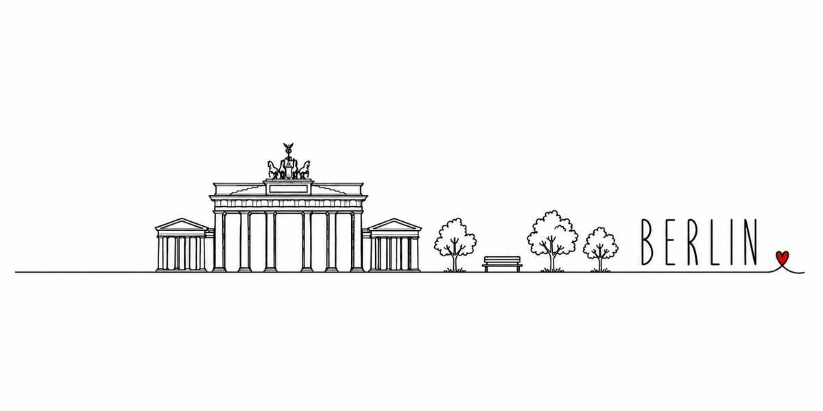 Skyline de Berlin dessiné au trait noir continu, de gauche à droite : porte de Brandebourg et son quadrige, immeubles du centre, pan de l'East Side Gallery en perspective — avec le nom BERLIN en capitales espacées et un petit cœur rouge