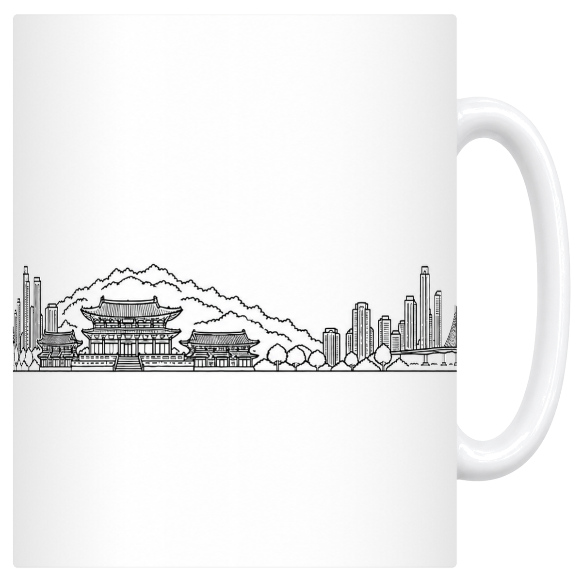 Mug blanc en céramique 330 ml illustré du skyline de Séoul au trait noir : porte Gwanghwamun, Namdaemun et palais de Gyeongbokgung