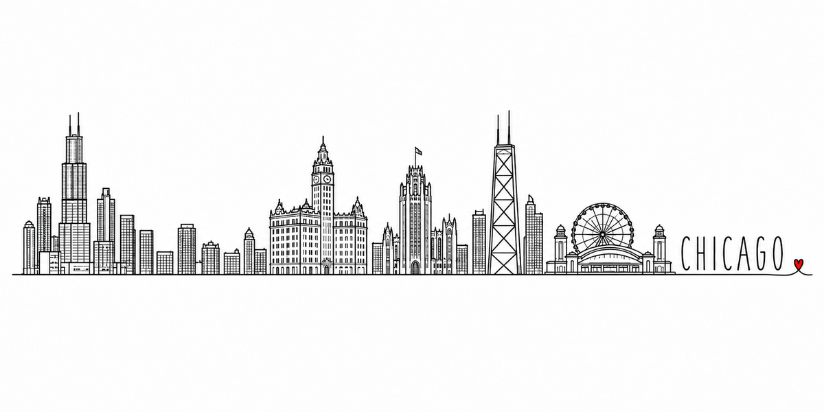 Skyline de Chicago dessiné au trait noir continu, de gauche à droite : gratte-ciel à antennes, tours du Loop, Wrigley Building et son horloge, immeuble néogothique et sa couronne, tour à croix de contreventement, grande roue de Navy Pier — avec le nom CHICAGO en capitales espacées et un petit cœur rouge