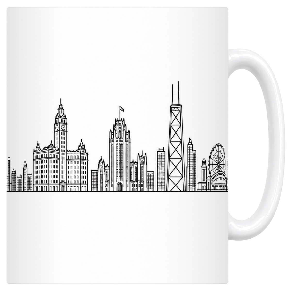 Mug blanc en céramique 330 ml illustré du skyline de Chicago au trait noir : les gratte-ciel du Loop, le Wrigley Building et la grande roue de Navy Pier